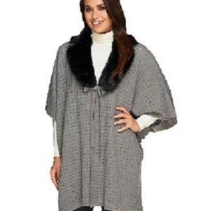 NWT Dennis Basso Gray Sweater Poncho w/ Detachable Black Faux Fur Collar